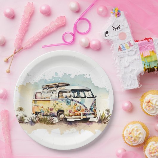 Assiettes En Carton Bus Hippie Rétro Aquarelle Avec Fleurs (Fête)