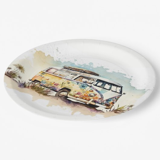 Assiettes En Carton Bus Hippie Rétro Aquarelle Avec Fleurs (Angle)