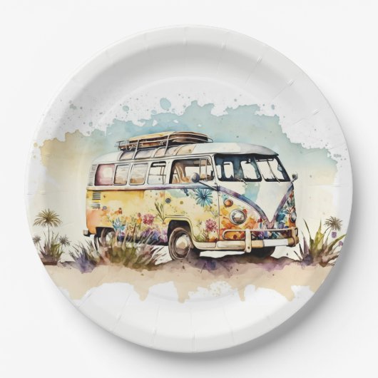 Assiettes En Carton Bus Hippie Rétro Aquarelle Avec Fleurs (Devant)