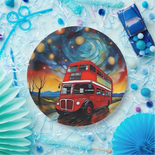 Assiettes En Carton Bus Red Double Decker La Nuit Étoile, (Fête)