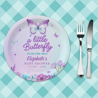 Assiettes En Carton Butterfly Baby Shower Girl | Pink & Lavender flora