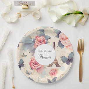 Assiettes En Carton Butterfly Tour Eiffel et Motif Rose Anniversaire