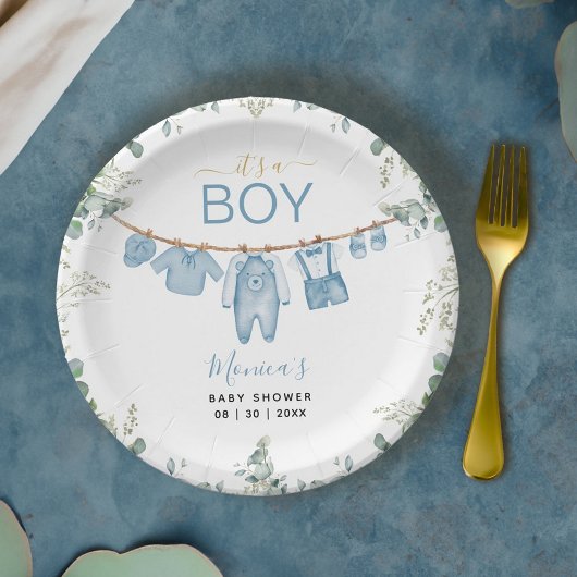 Assiettes En Carton C’est un garçon Boho bleu Vêtements Baby shower de