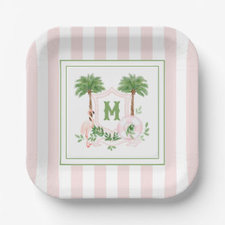 Assiettes En Carton Cabana Stripes Palm Beach Monogram Crest Enclosure