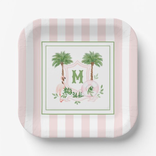 Assiettes En Carton Cabana Stripes Palm Beach Monogram Crest Enclosure (Recto)