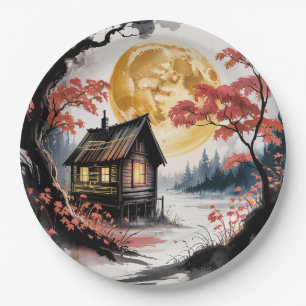 Assiettes En Carton Cabane au Clair de Lune, Art de la Forêt Japonaise