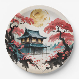 Assiettes En Carton Cabane au Clair de Lune, Art de la Forêt Japonaise