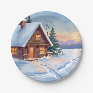 Assiettes En Carton Cabane d'hiver Montagne Neige Aquarelle