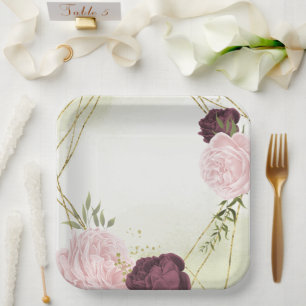 Assiettes En Carton cabernet rose fleurs verdure mariage