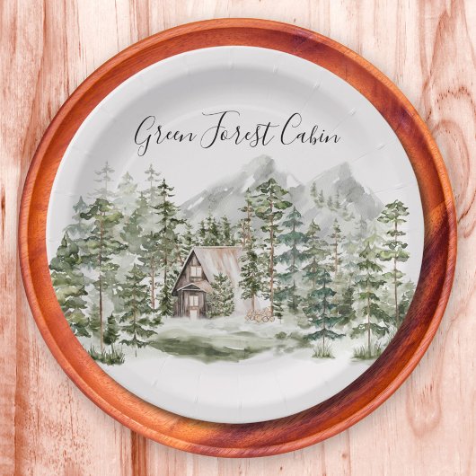 Assiettes En Carton Cabine d'aquarelle dans la forêt de pins verts