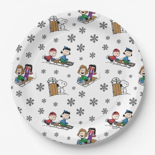 Assiettes En Carton cacahuètes | Hiver Sledding Fun Motif (Devant)