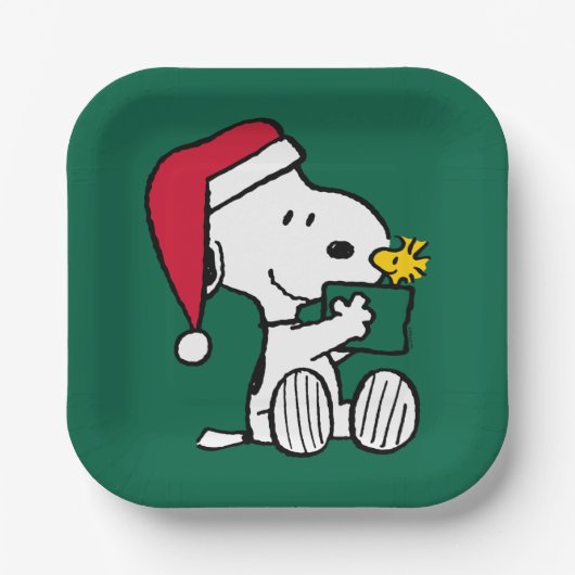 Assiettes En Carton cacahuètes | Snoopy Père Noël & Woodstock Cadeau (Recto)