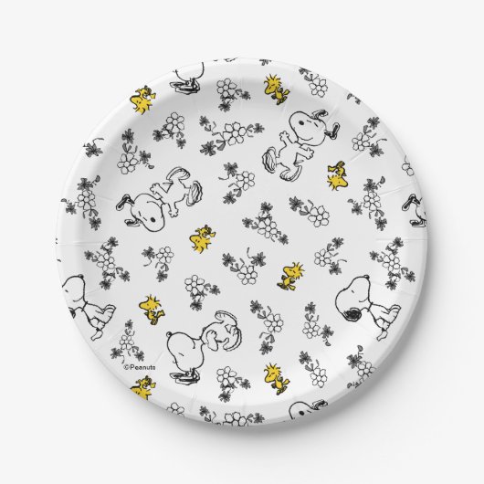 Assiettes En Carton cacahuètes | Snoopy & Woodstock B&W Flower Motif (Devant)