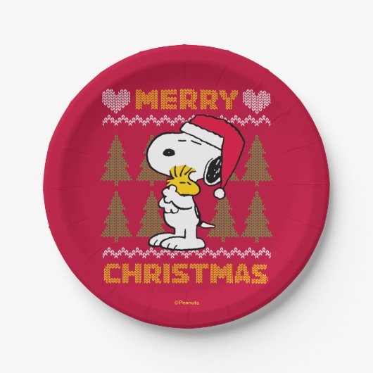 Assiettes En Carton cacahuètes | Snoopy & Woodstock Santa Claus Hug (Devant)