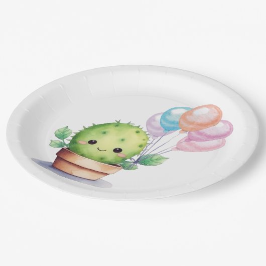 Assiettes En Carton Cactus mignons avec ballons d'anniversaire (Angle)