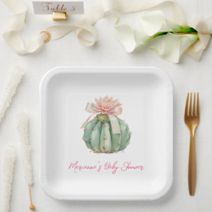Assiettes En Carton Cactus Ruban rose Bébé fille Douche