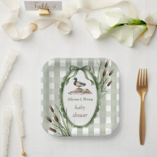 Assiettes En Carton Cadeau de bébé Canard colvert Gingham Vert