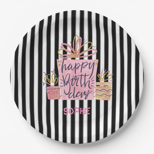Assiettes En Carton Cadeau rose Anniversaire noir & blanc rayures (Devant)