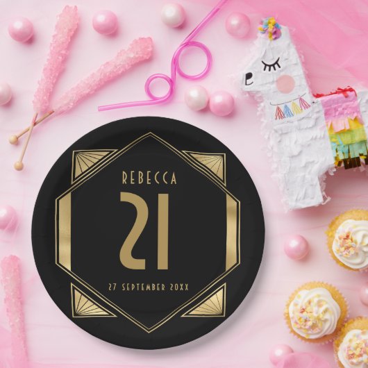 Assiettes En Carton Cadre Art Déco 21e anniversaire Nom Date (Fête)