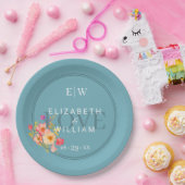 Assiettes En Carton Cadre avec Rose, style Mariage sur Pap bleu rétro (Fête)