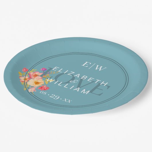 Assiettes En Carton Cadre avec Rose, style Mariage sur Pap bleu rétro (Angle)