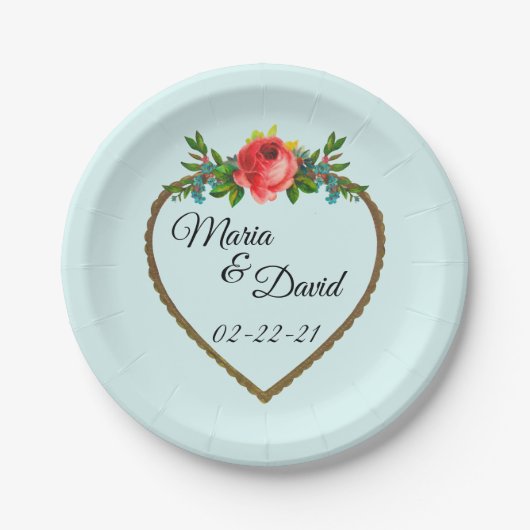 Assiettes En Carton Cadre Coeur avec Rose Aquarelle (Devant)