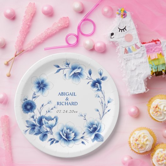 Assiettes En Carton Cadre floral bleu Chinoiserie fleurs mariage (Fête)