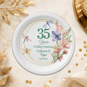 Assiettes En Carton Cadre floral en or pour les 35 ans de mariage - No