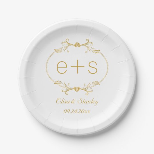 Assiettes En Carton Cadre or et initiales élégant mariage monogramme (Devant)