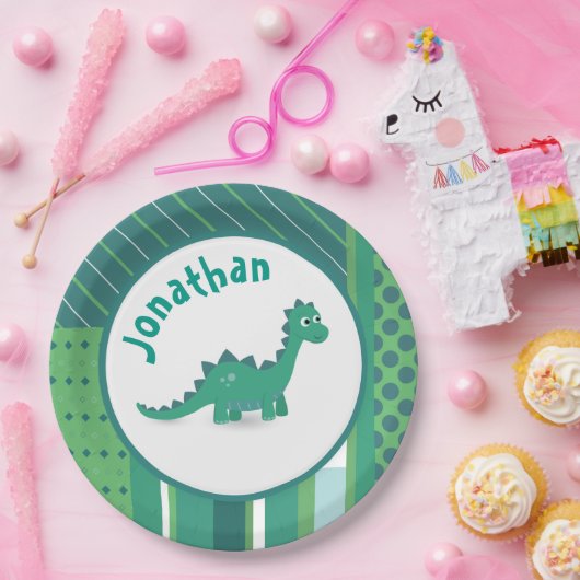Assiettes En Carton Cadre rond en vert/bleu avec dinosau mignon (Fête)