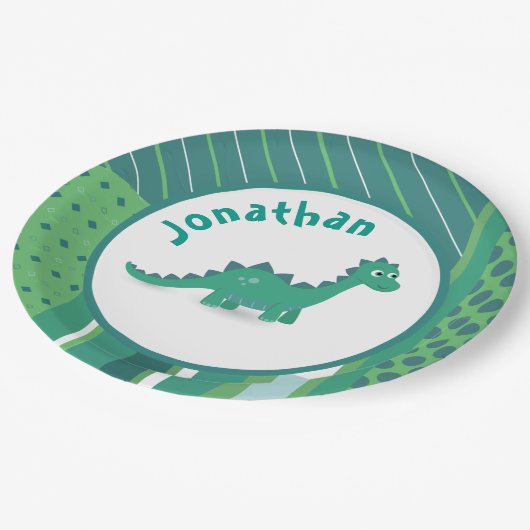Assiettes En Carton Cadre rond en vert/bleu avec dinosau mignon (Angle)