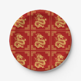 Assiettes En Carton Cadres d'ornement grec Motif de dragon d'or rouge
