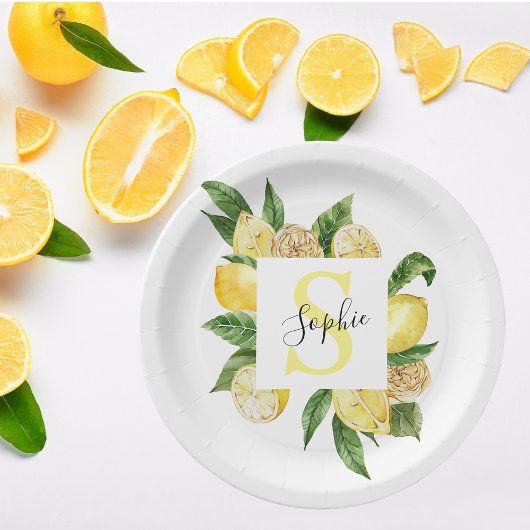 Assiettes En Carton Cadres et Feuilles de citrons jaunes modernes avec