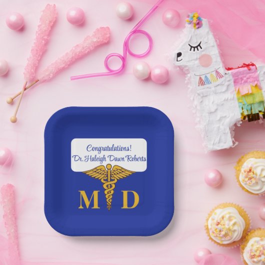 Assiettes En Carton Caduceus Blue & Gold Médicale School Graduation (Fête)
