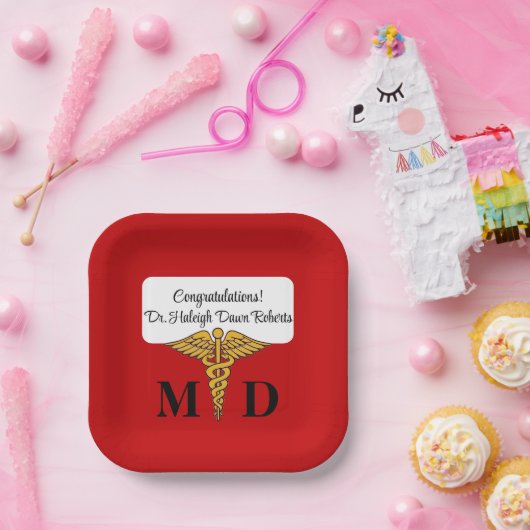 Assiettes En Carton Caduceus Red & Gold Médicale School Graduation (Fête)