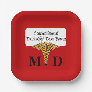 Assiettes En Carton Caduceus Red & Gold Médicale School Graduation