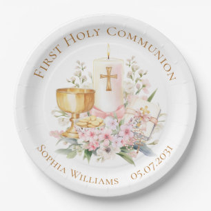 Assiettes En Carton Calice Floral Rose Première Sainte Communion