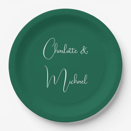 Assiettes En Carton Calligraphie Élégant Vert Plaine Simple Noms (Devant)