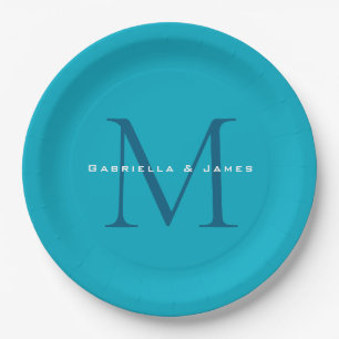 Assiettes En Carton Calligraphie monogramme Azure Blue Modern Plain