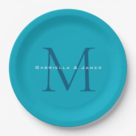 Assiettes En Carton Calligraphie monogramme Azure Blue Modern Plain (Devant)