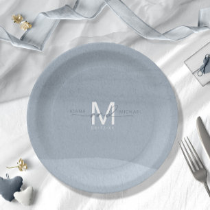 Assiettes En Carton Calligraphie Monogramme Mariage Dusty Blue ID771