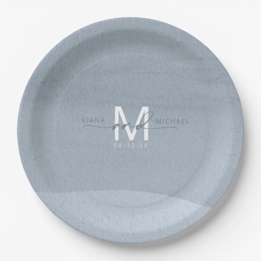 Assiettes En Carton Calligraphie Monogramme Mariage Dusty Blue ID771 (Devant)