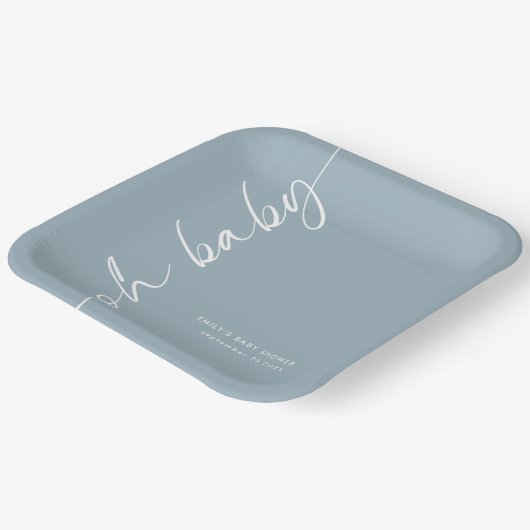 Assiettes En Carton Calligraphie pivotée Nom Dusty Blue Oh Baby shower (Angulaire)