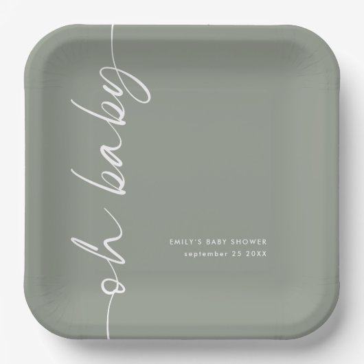 Assiettes En Carton Calligraphie pivotée Nom Sage Oh Baby shower (Recto)