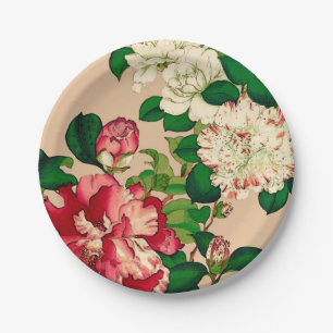 Assiettes En Carton Camellias japonais vintage. Rose profond sur le be