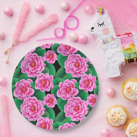 Assiettes En Carton Camellias rose Fuchsia et Feuilles verts Jade (Fête)