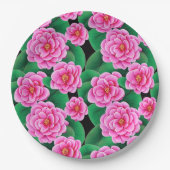 Assiettes En Carton Camellias rose Fuchsia et Feuilles verts Jade (Devant)
