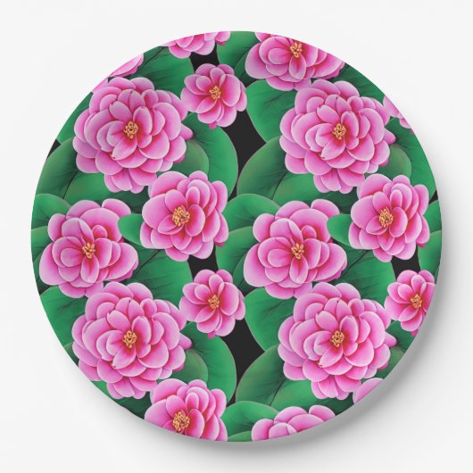 Assiettes En Carton Camellias rose Fuchsia et Feuilles verts Jade (Devant)