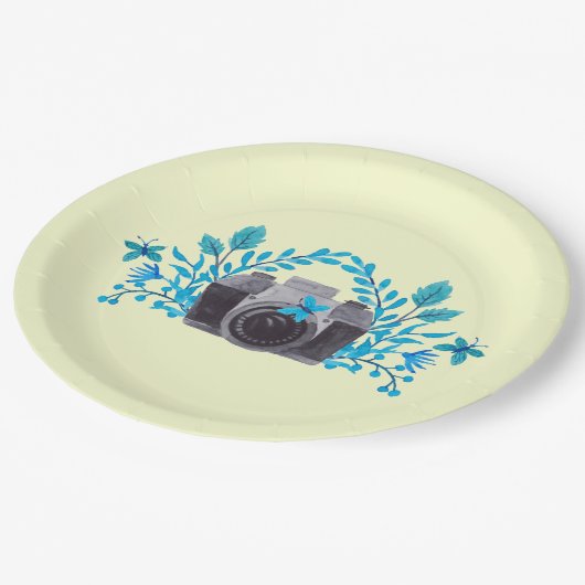 Assiettes En Carton Caméra Avec Feuilles Bleus Azur Et Papillons (Angle)