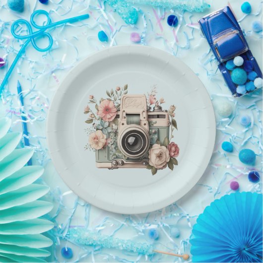 Assiettes En Carton Camera with Flowers Retro Pastel Image (Fête)